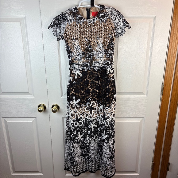 Monique Lhuillier Overlay Short Sleeve Lace Floral Dress - Picture 1 of 6